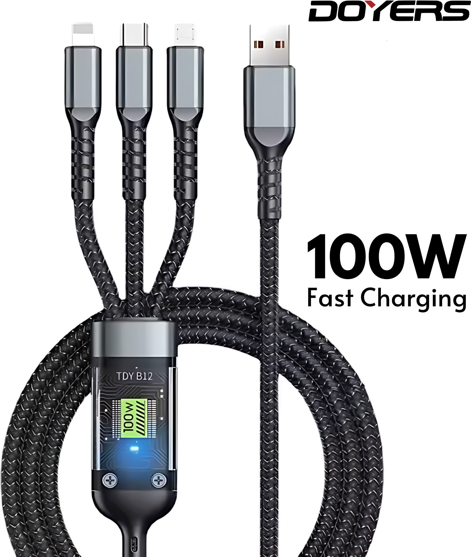 Doyers 3-in-1 Cable 6 A 1 m Nylon Braided Multiple USB Cable Universal Charging Cord with Type-C, Micro USB and iP Port for Cell Phones and More  (Compatible with Smartphones, iPhone, Android, Laptop, Black, One Cable)